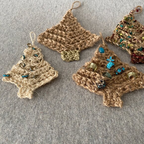 Handmade Crochet Cream Tan Jute Christmas Tree Hanging Decorations Set of 5 - Picture 6 of 9